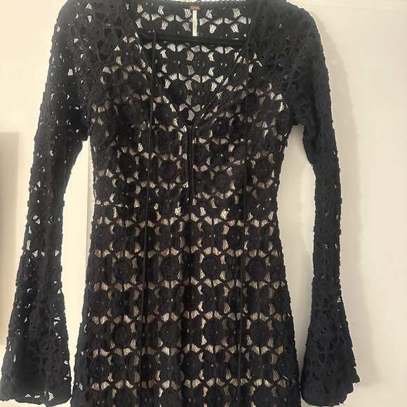 Free People Black Crochet Long Sleeve Dress - Picture 4 of 5